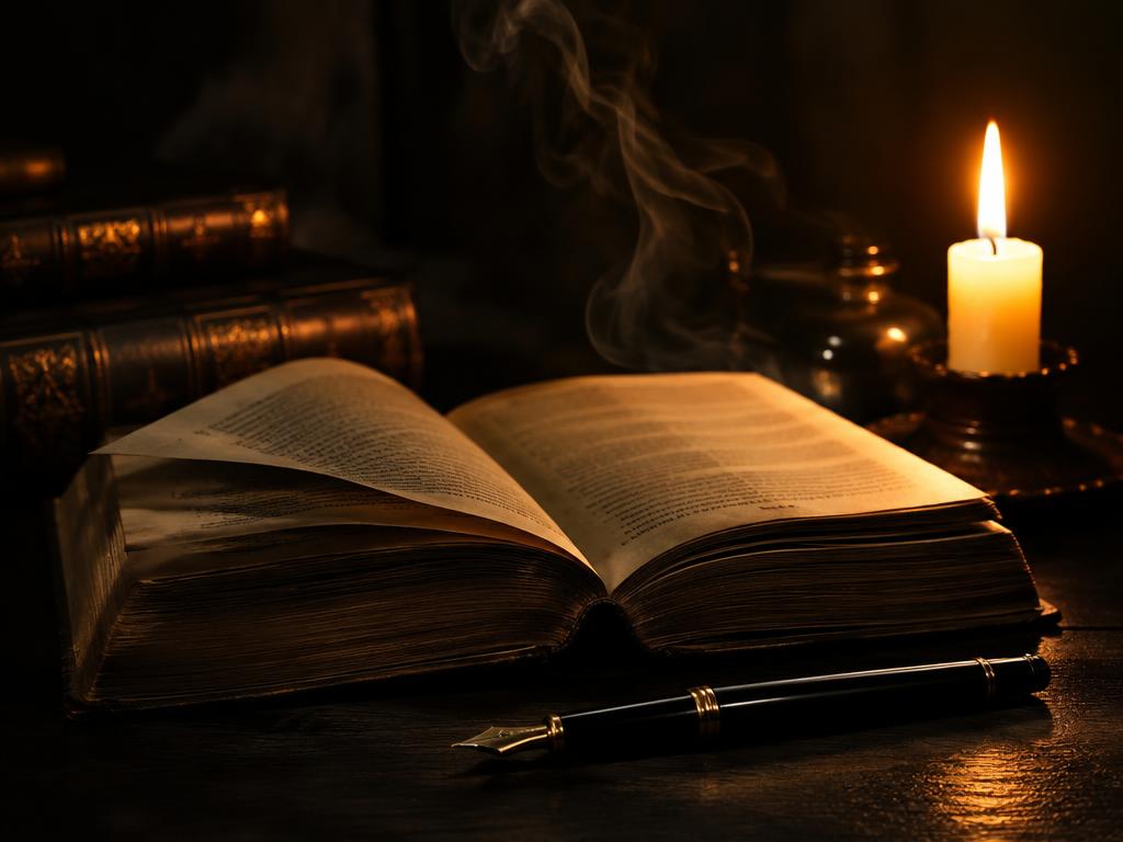 An open book beside a candle and fountain pen