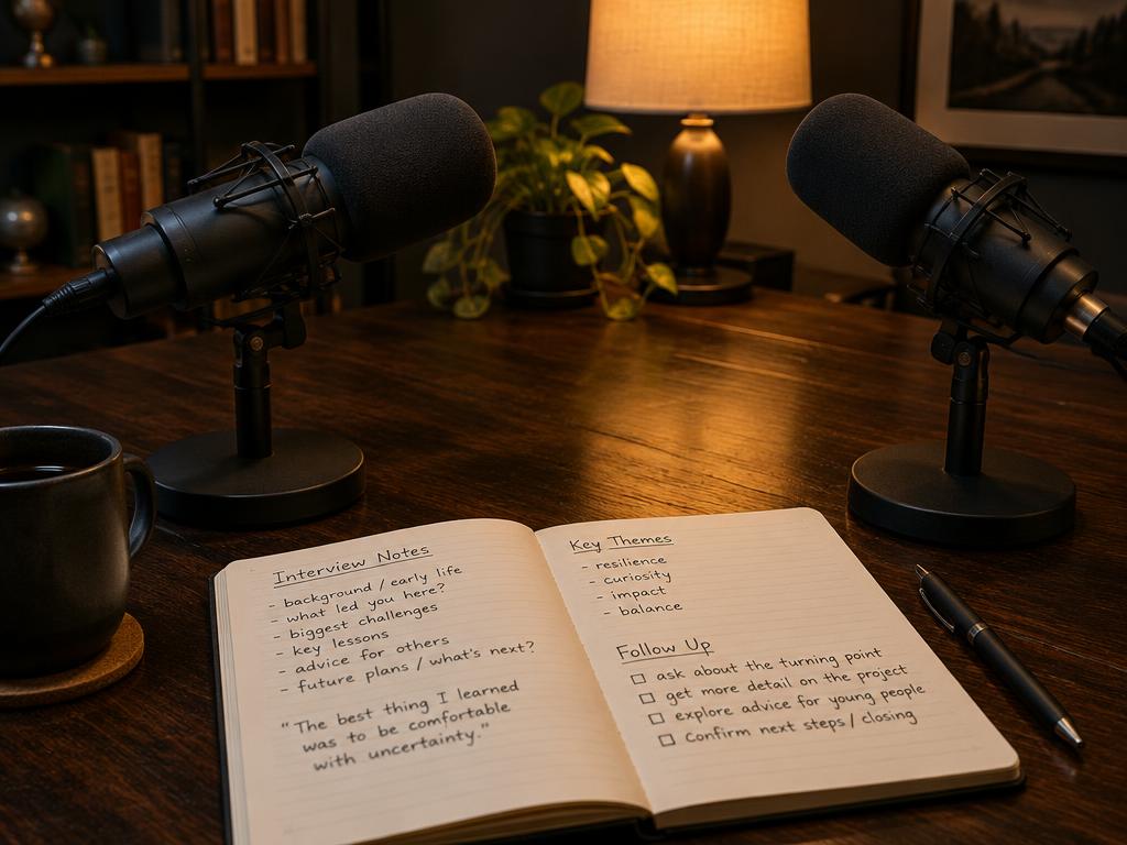 Two studio microphones facing each other over interview notes
