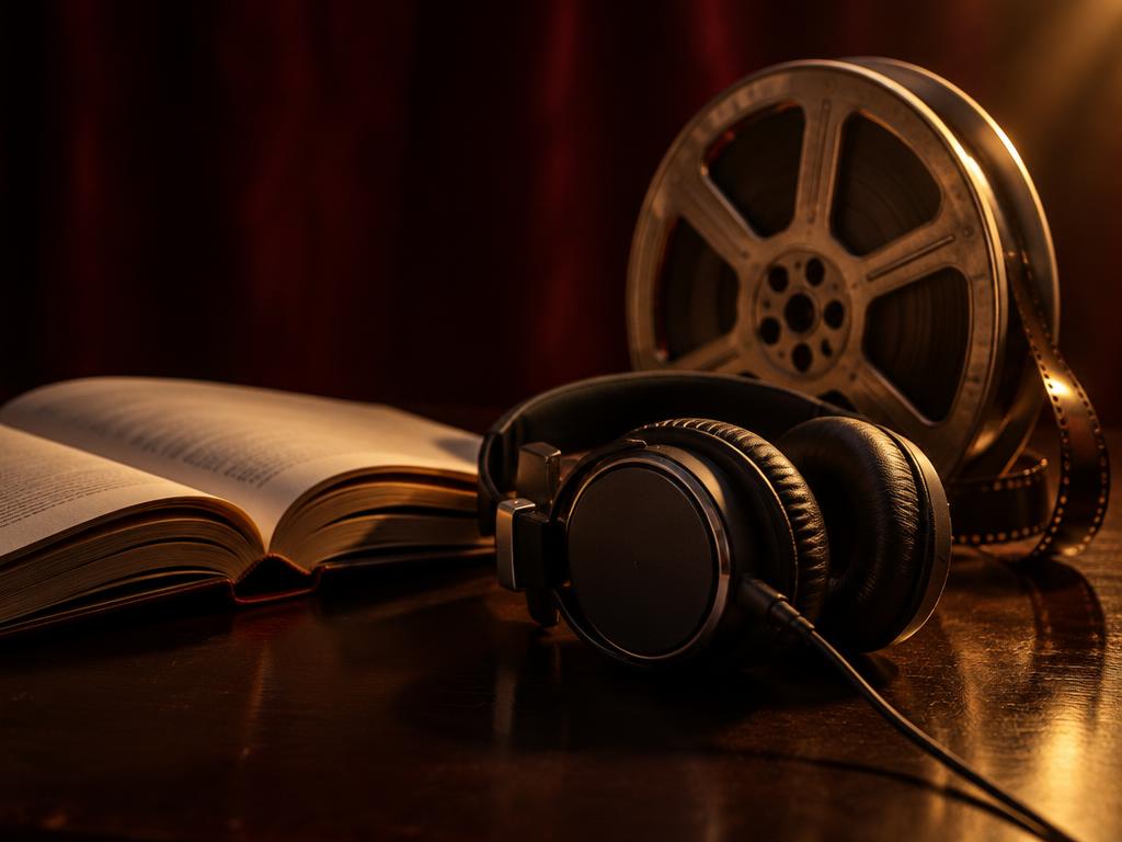 An open book, studio headphones and a film reel together