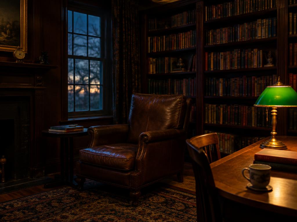 A quiet library reading room with a leather armchair