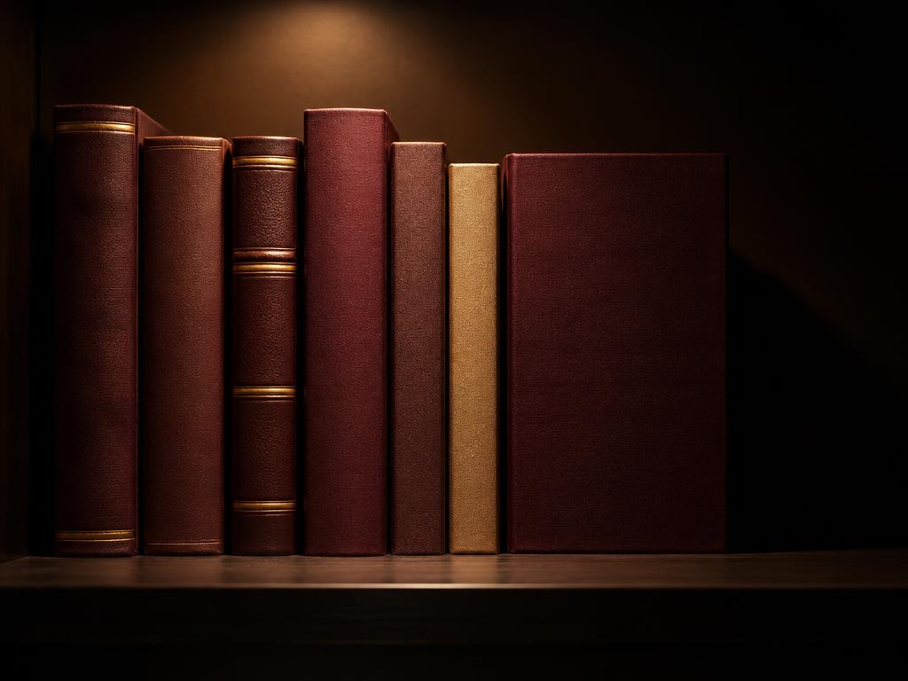 Leather-bound books on a softly lit shelf